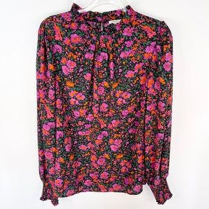 JODIFL Black Floral Blouse High Neck Smocked Wrist Boho Women Size Large